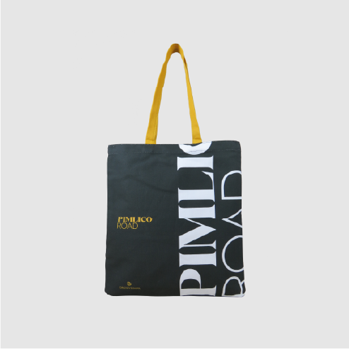 overprinted bag in grey plus yellow handles