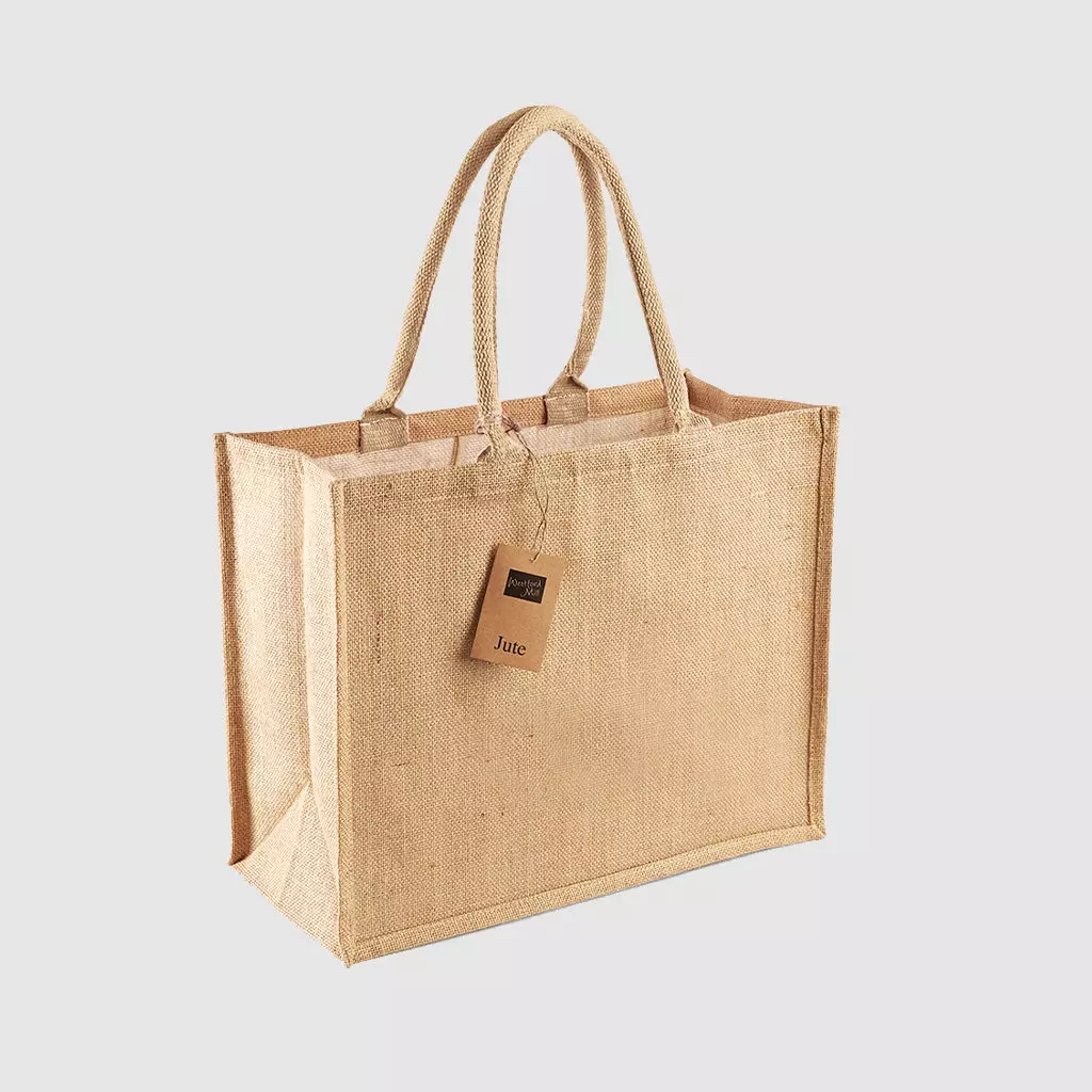 Custom laminated jute shopper, with long handles for hand carry, wide variety of colours