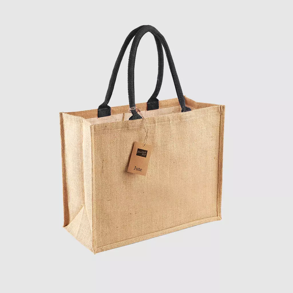 Custom laminated jute shopper, with long handles for hand carry, wide variety of colours