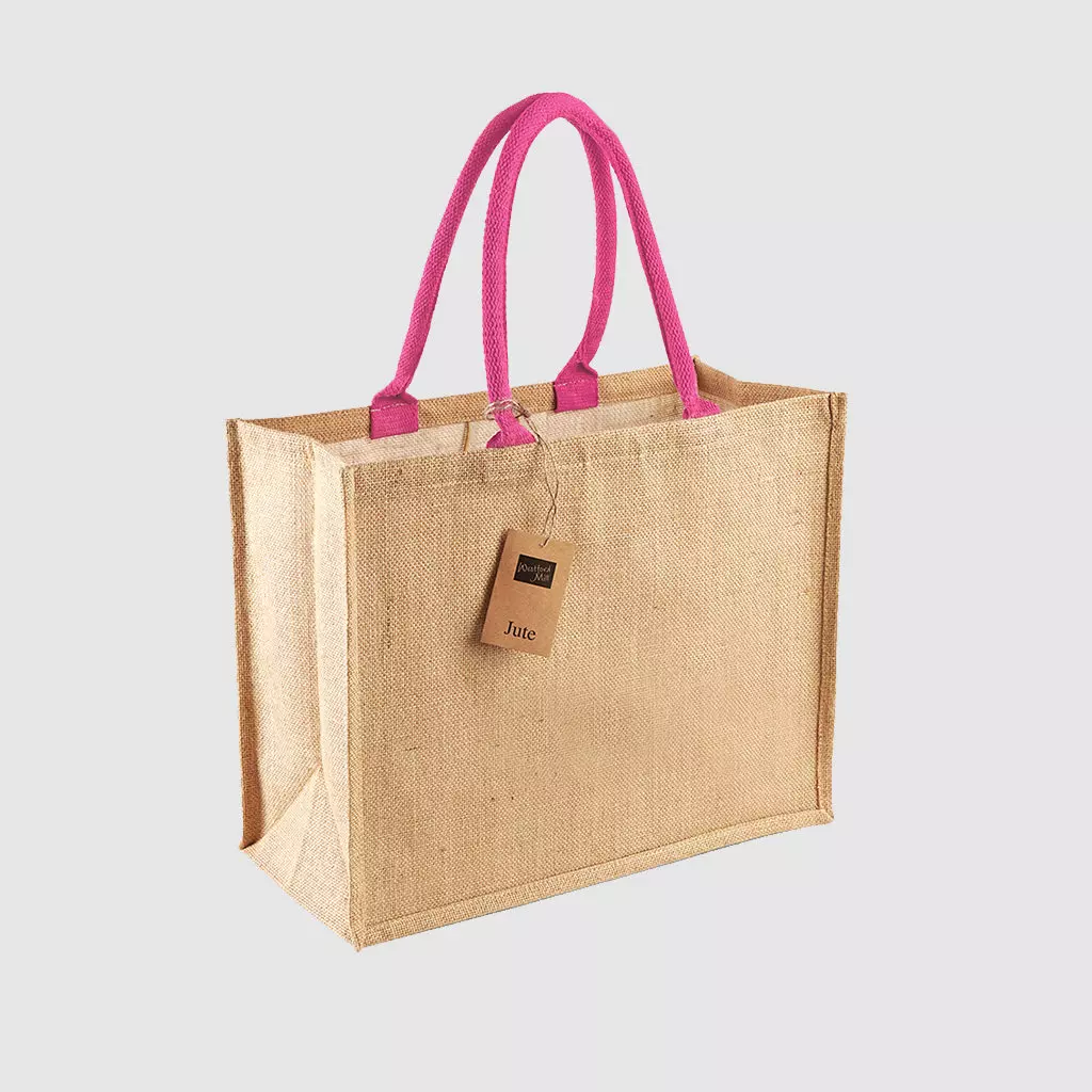 Custom laminated jute shopper, with long handles for hand carry, wide variety of colours