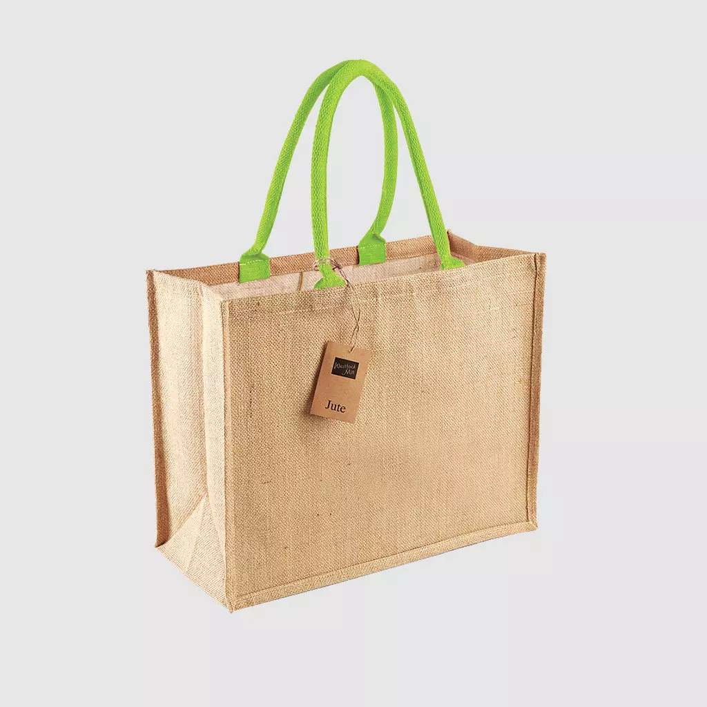 Custom laminated jute shopper, with long handles for hand carry, wide variety of colours