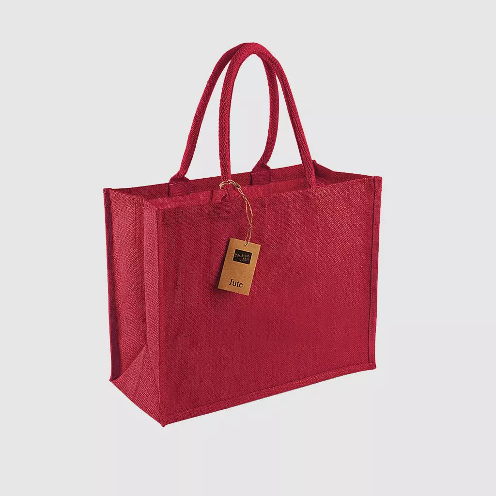 Custom laminated jute shopper, with long handles for hand carry, wide variety of colours