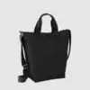Custom sling bag, in black with top handle and adjustable cross-body/shoulder strap. Zip top closure and wide base