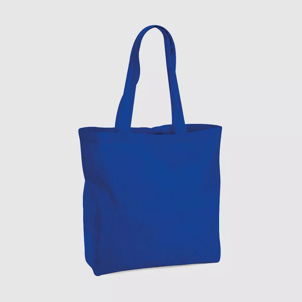 Custom organic gusset tote bag with short handles and black embroidery, made from organic cotton