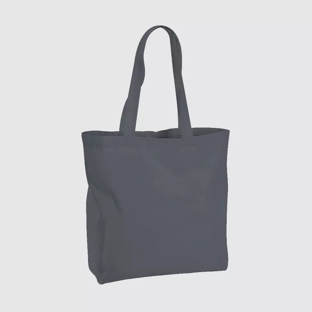 Custom organic gusset tote bag with short handles and black embroidery, made from organic cotton