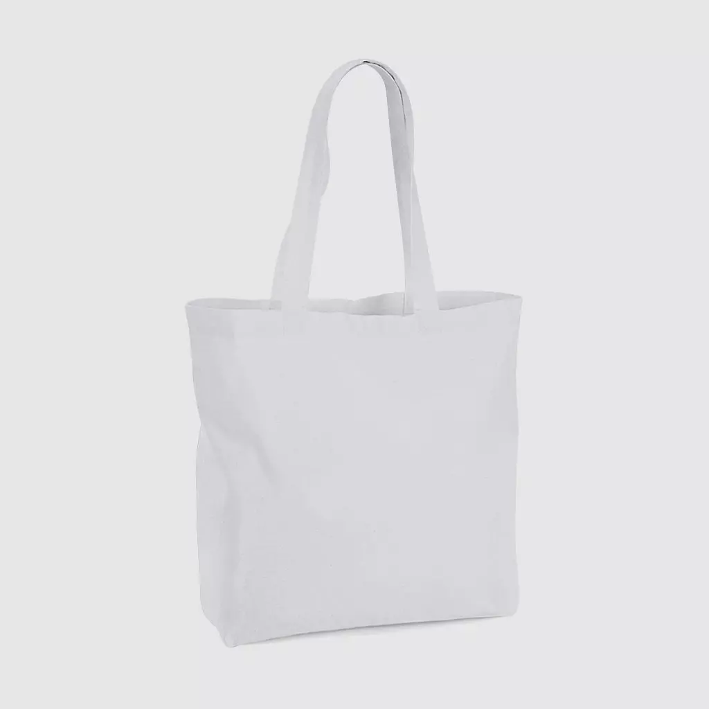 Custom organic gusset tote bag with short handles and black embroidery, made from organic cotton