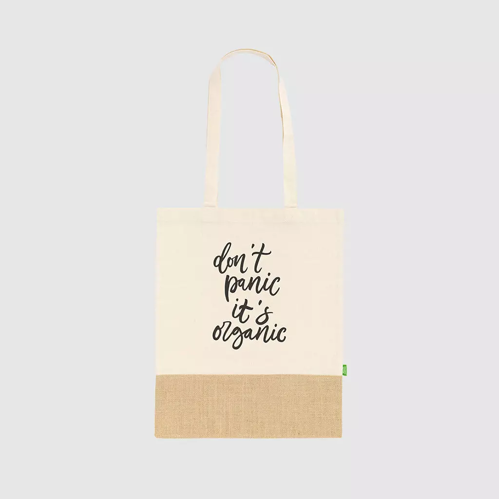 Custom organic cotton and jute tote bag, with long handles