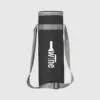 black bottle bag with a grey strap and grey zip and white print from the front view