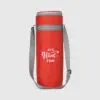 red bottle cooler bag with a grey strap and grey zip and white print from the front view