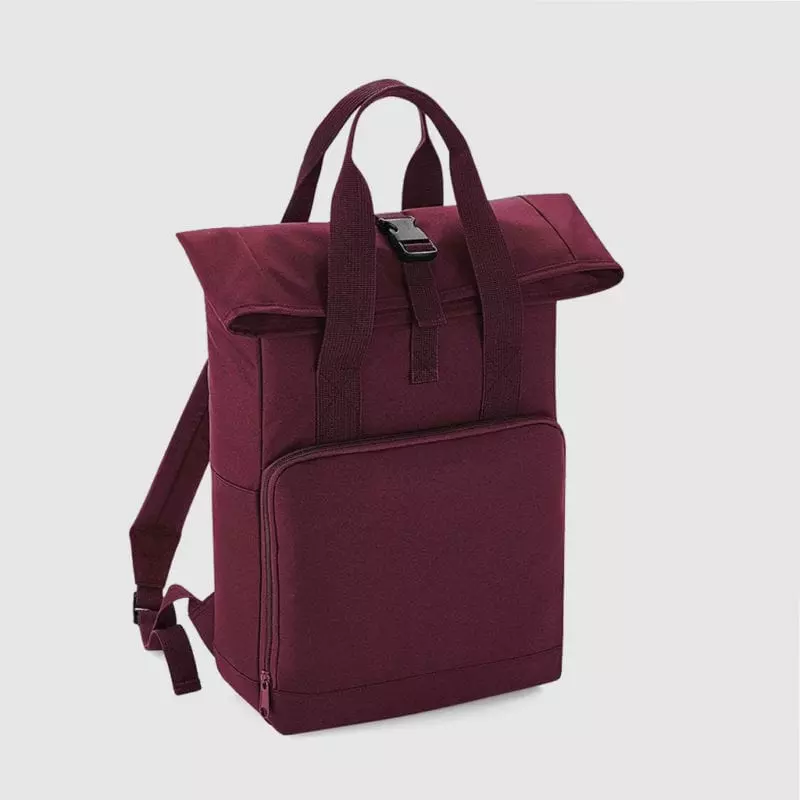 Polyester rolltop backpack with padded adjustable shoulder straps with padded back panel and large front zip pocket and organiser section, capacity 14 litres