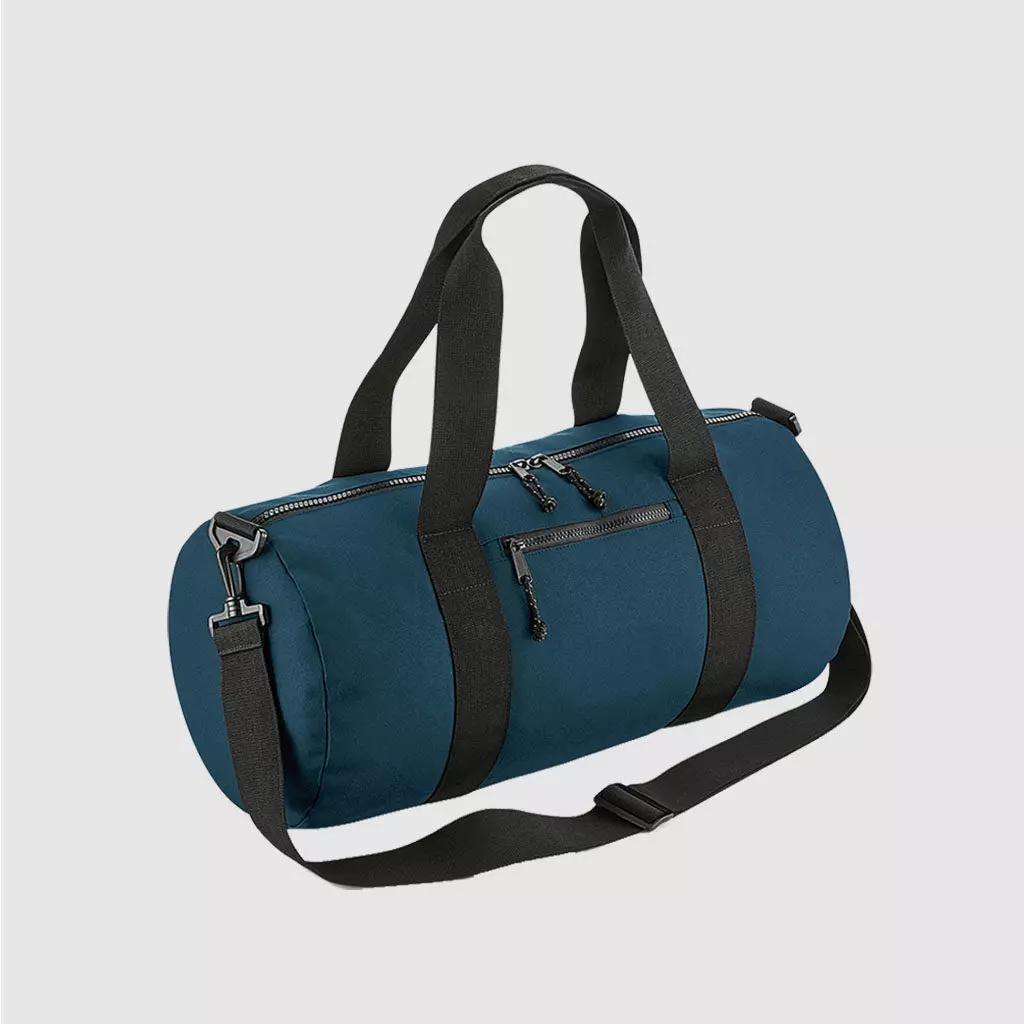 Recycled Barrel Bag in black, with long handles and rpet material