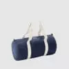 Custom denim barrel bag with contrasting white handles