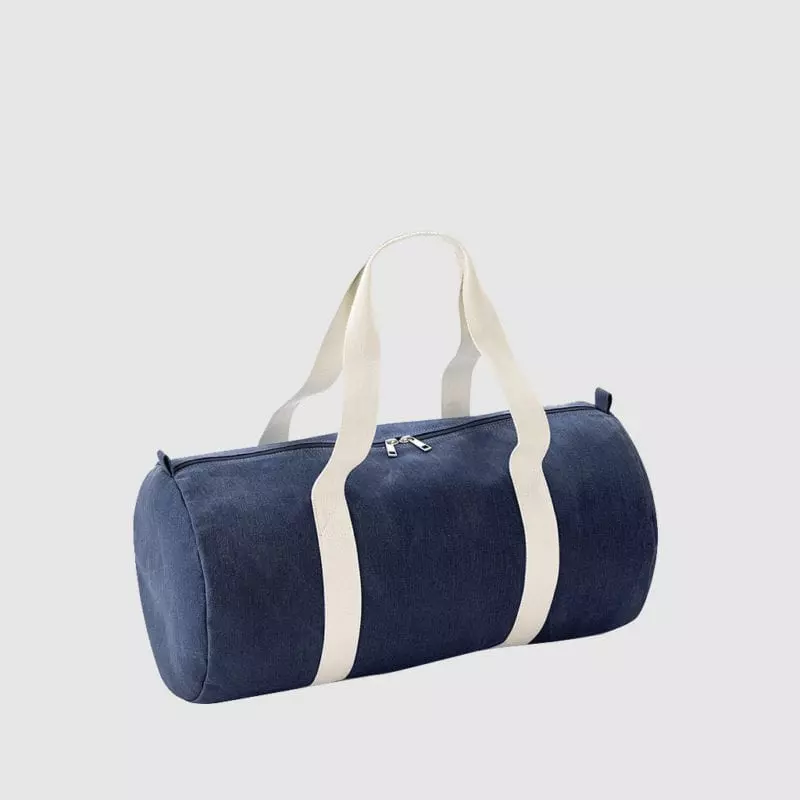Custom denim barrel bag with contrasting white handles