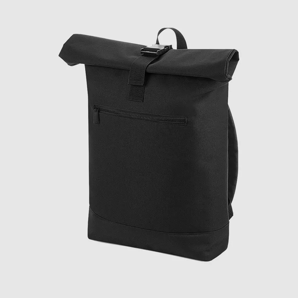 Custom roll top backpack, with padded handle, a shorter handle and an exterior pocket