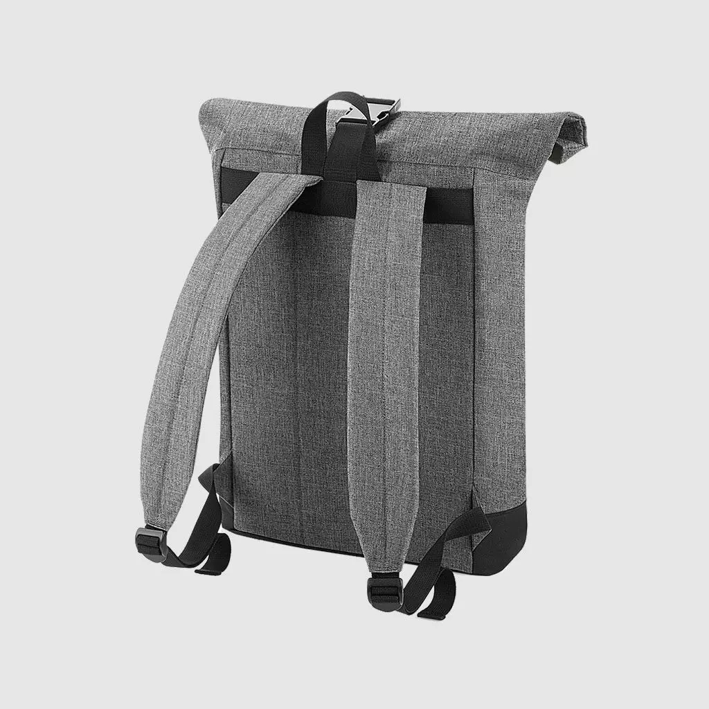 Custom roll top backpack, with padded handle, a shorter handle and an exterior pocket