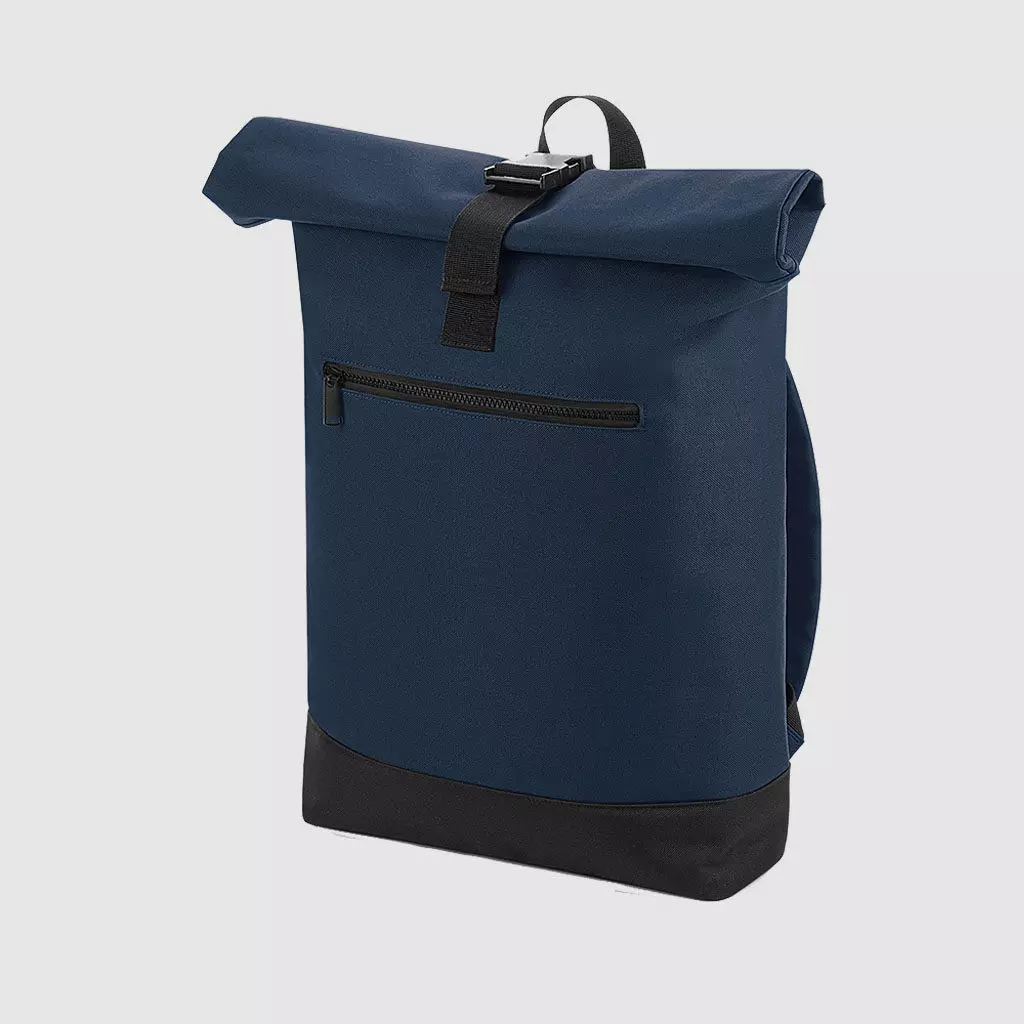 Custom roll top backpack, with padded handle, a shorter handle and an exterior pocket