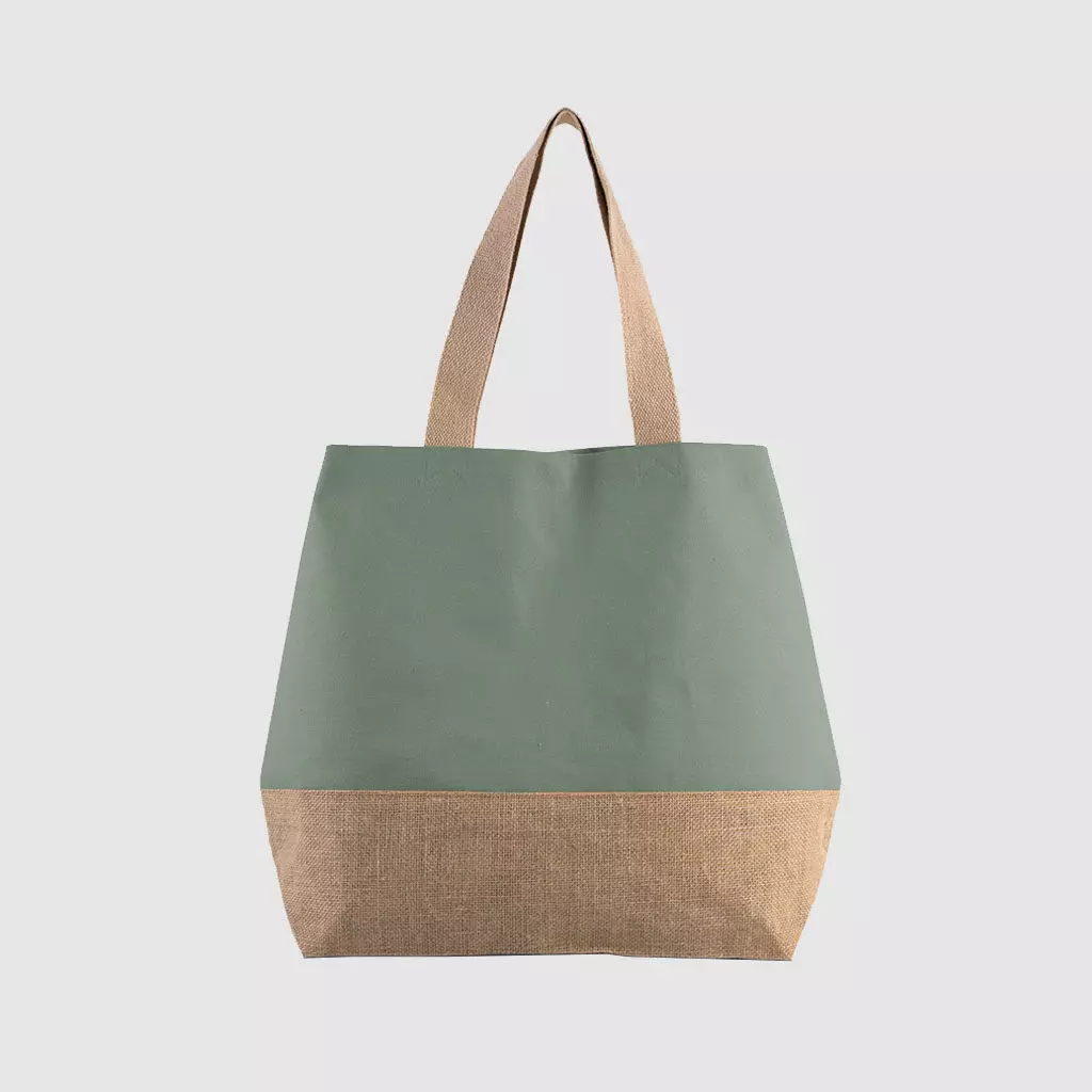 Custom contrast beach bag mad in natural, laminated jute base and long cotton webbed handles