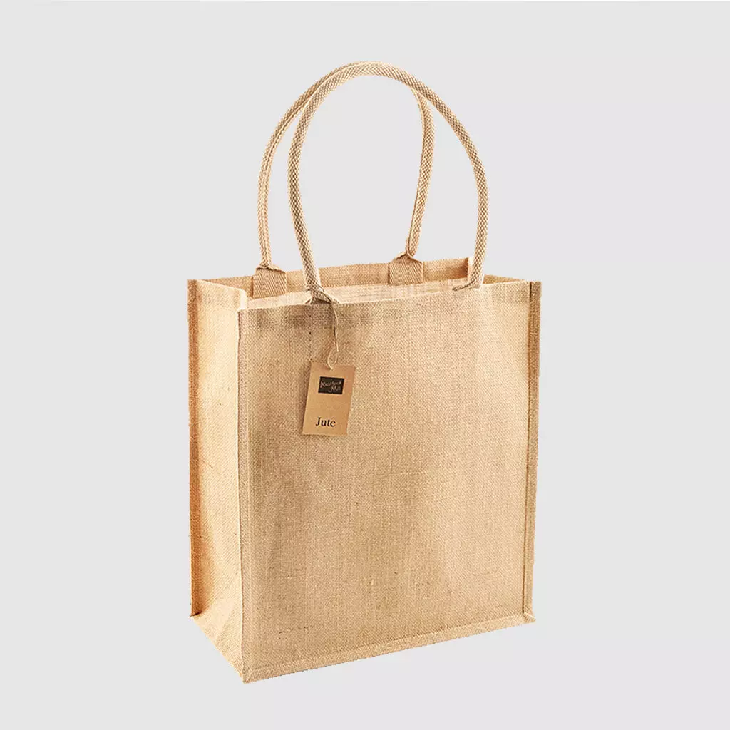 Custom jute tote bag with rolled cotton carry handles with close weaved construction all over