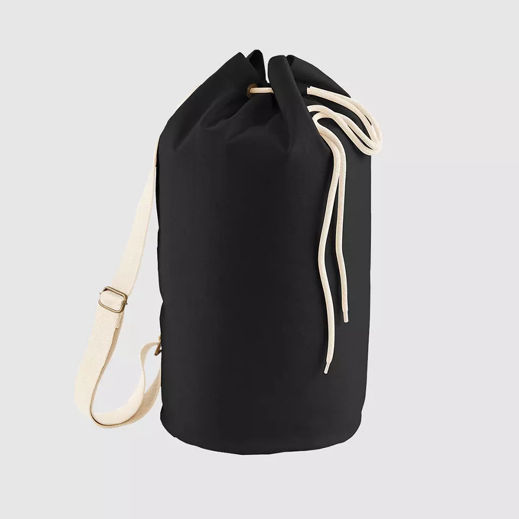 Custom draw cord duffel bag, made with organic cotton canvas and with an adjustable shoulder strap