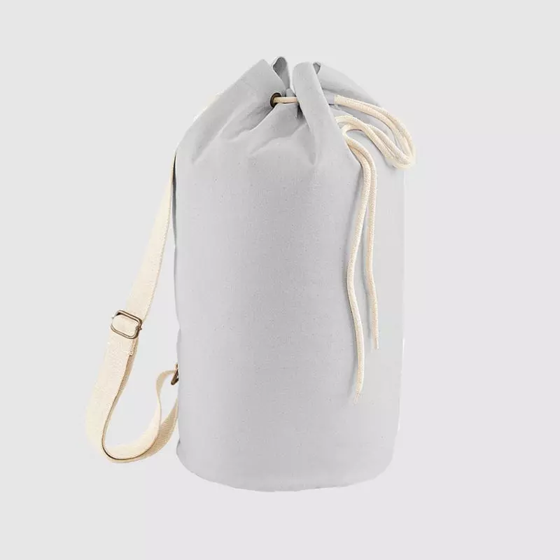 Custom draw cord duffel bag, made with organic cotton canvas and with an adjustable shoulder strap