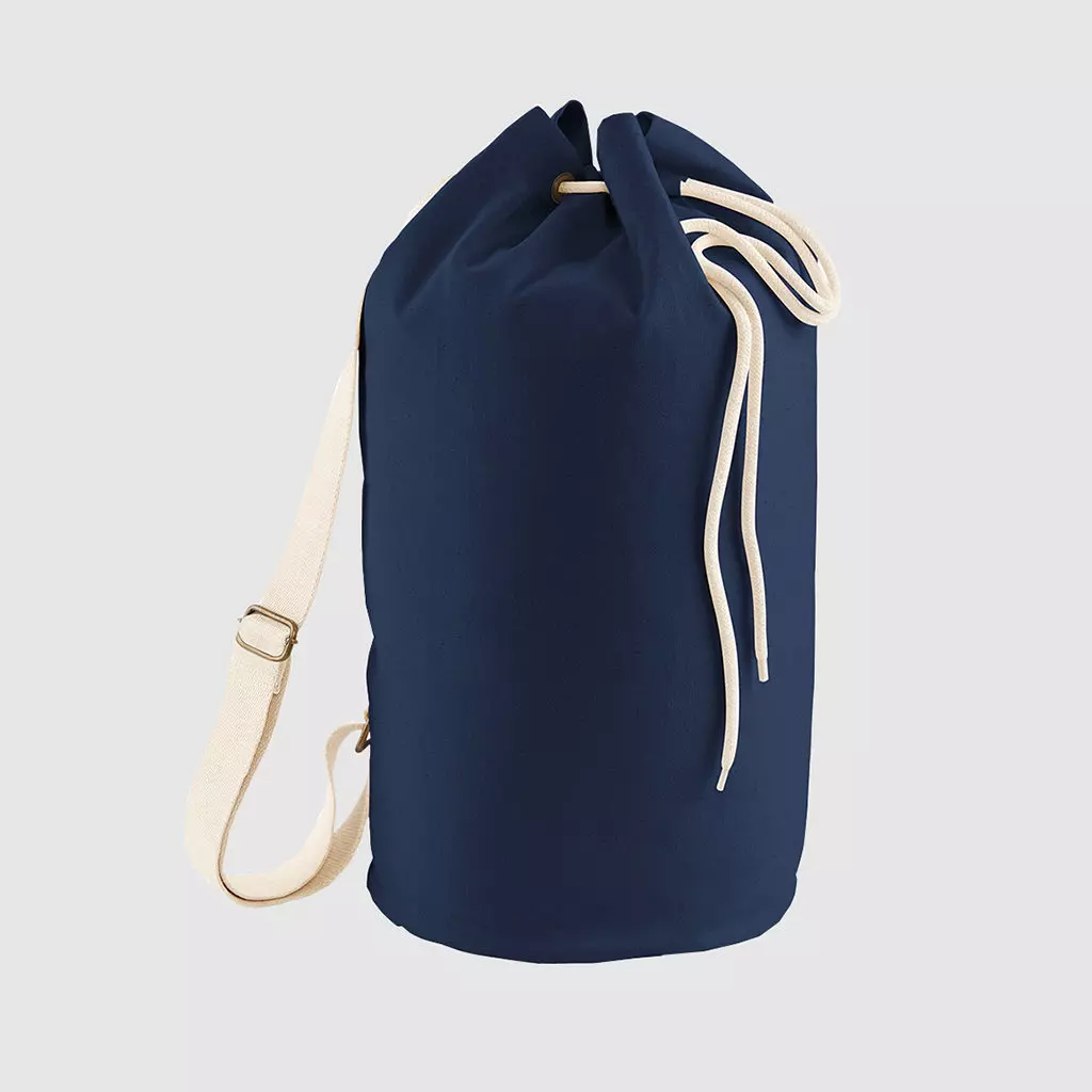 Custom draw cord duffel bag, made with organic cotton canvas and with an adjustable shoulder strap