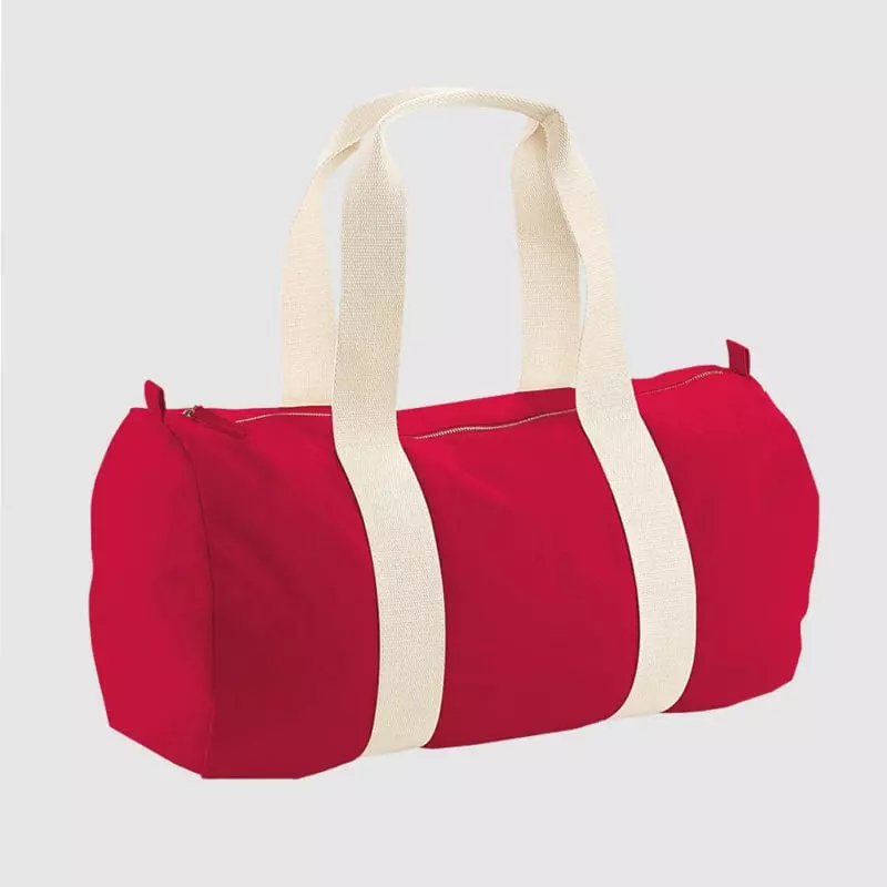 Red barrel duffle bag with organic cotton body and natural webbing straps