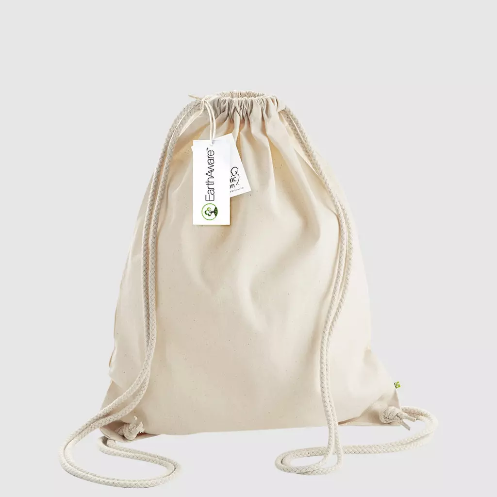 Custom black gymsac made with organic cotton canvas, drawstring handles