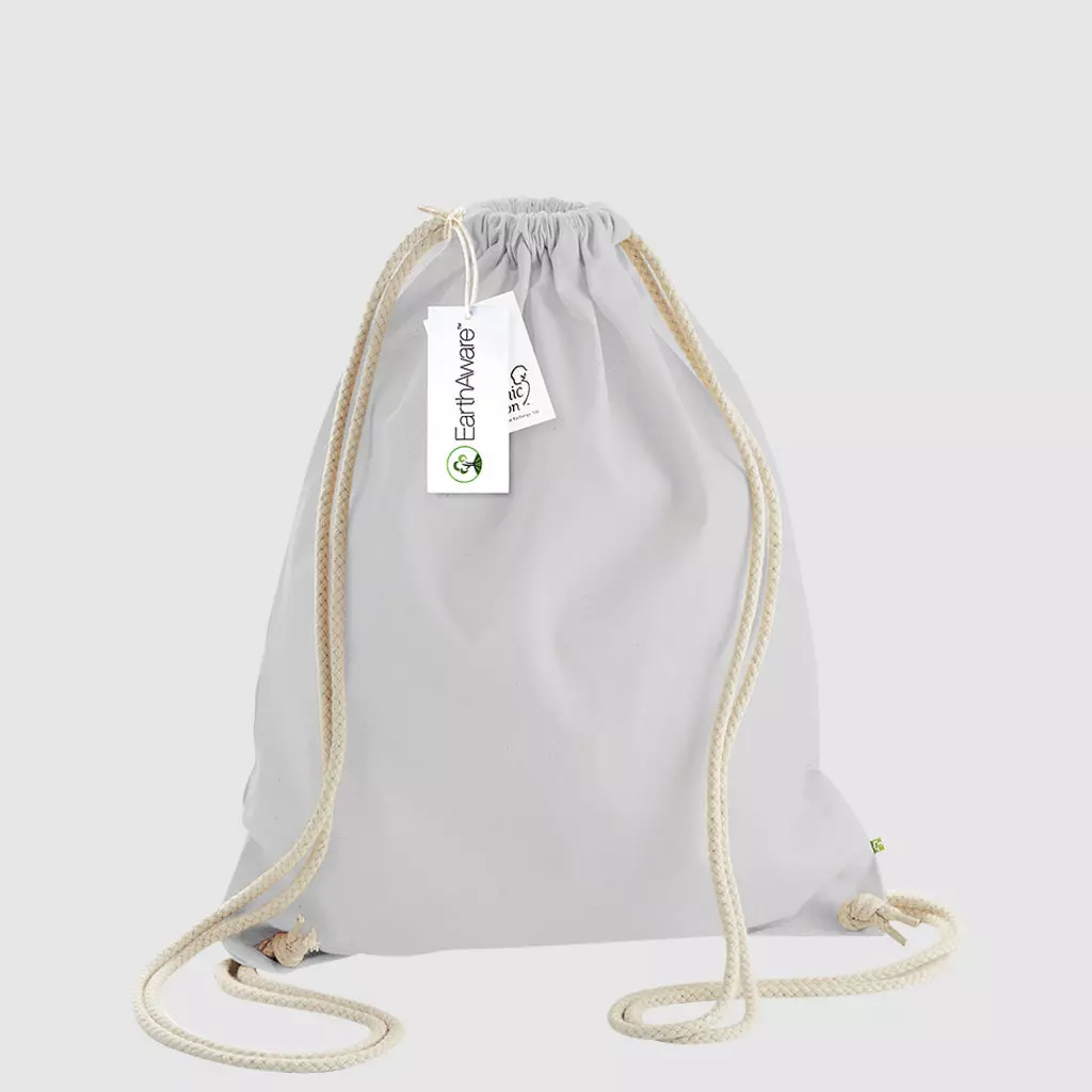 Custom black gymsac made with organic cotton canvas, drawstring handles