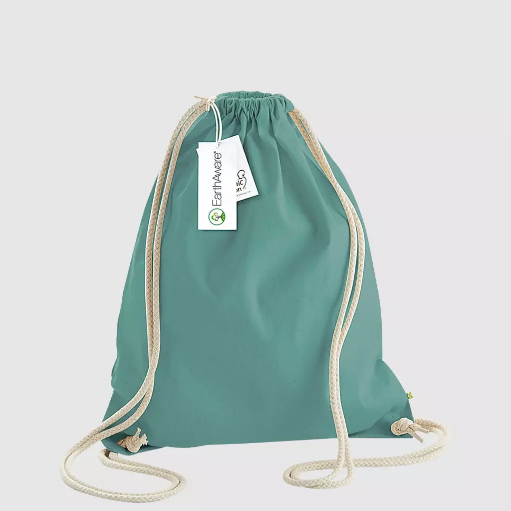 Custom black gymsac made with organic cotton canvas, drawstring handles