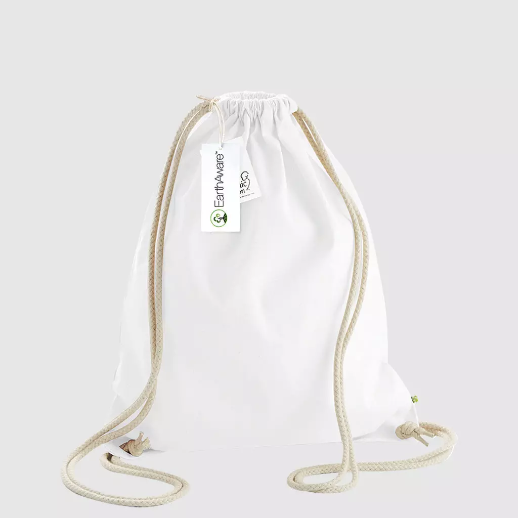 Custom black gymsac made with organic cotton canvas, drawstring handles