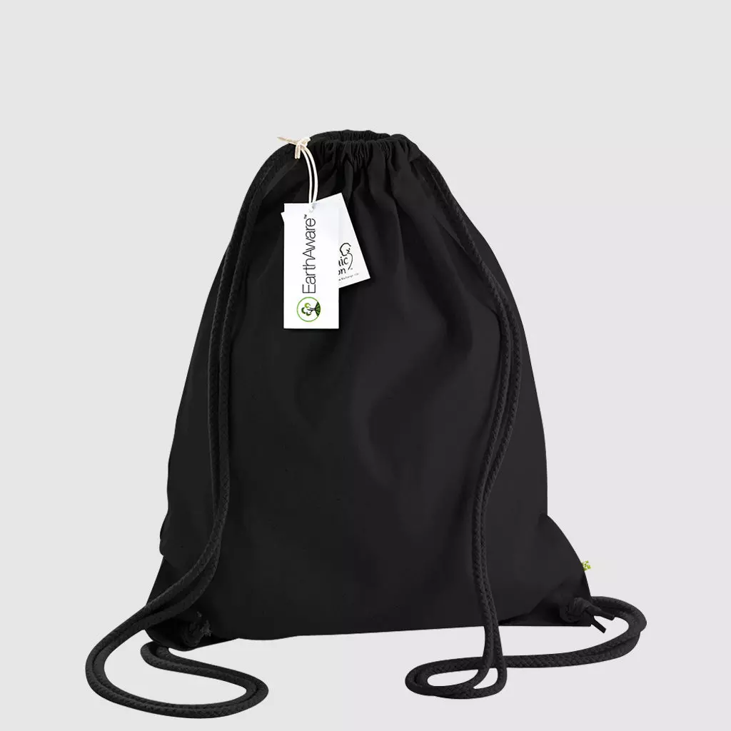 Custom black gymsac made with organic cotton canvas, drawstring handles