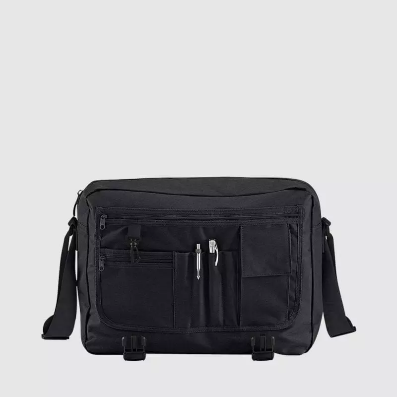 Custom messenger bag with long handles and front zip pockets
