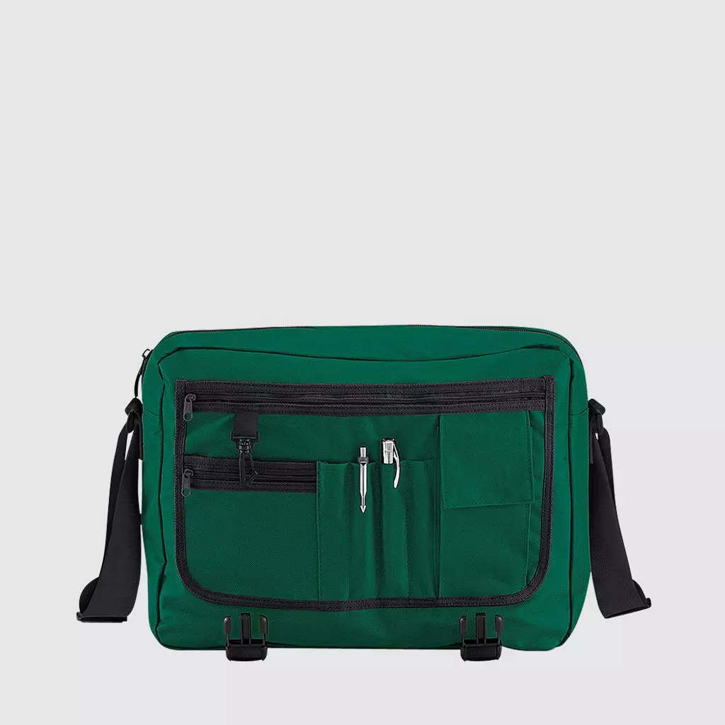 Custom messenger bag with long handles and front zip pockets