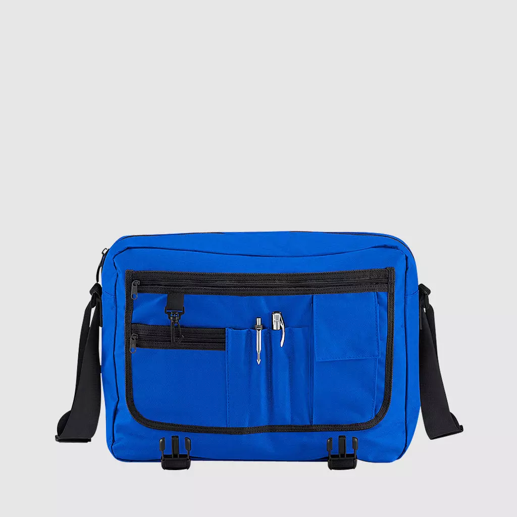 Custom messenger bag with long handles and front zip pockets