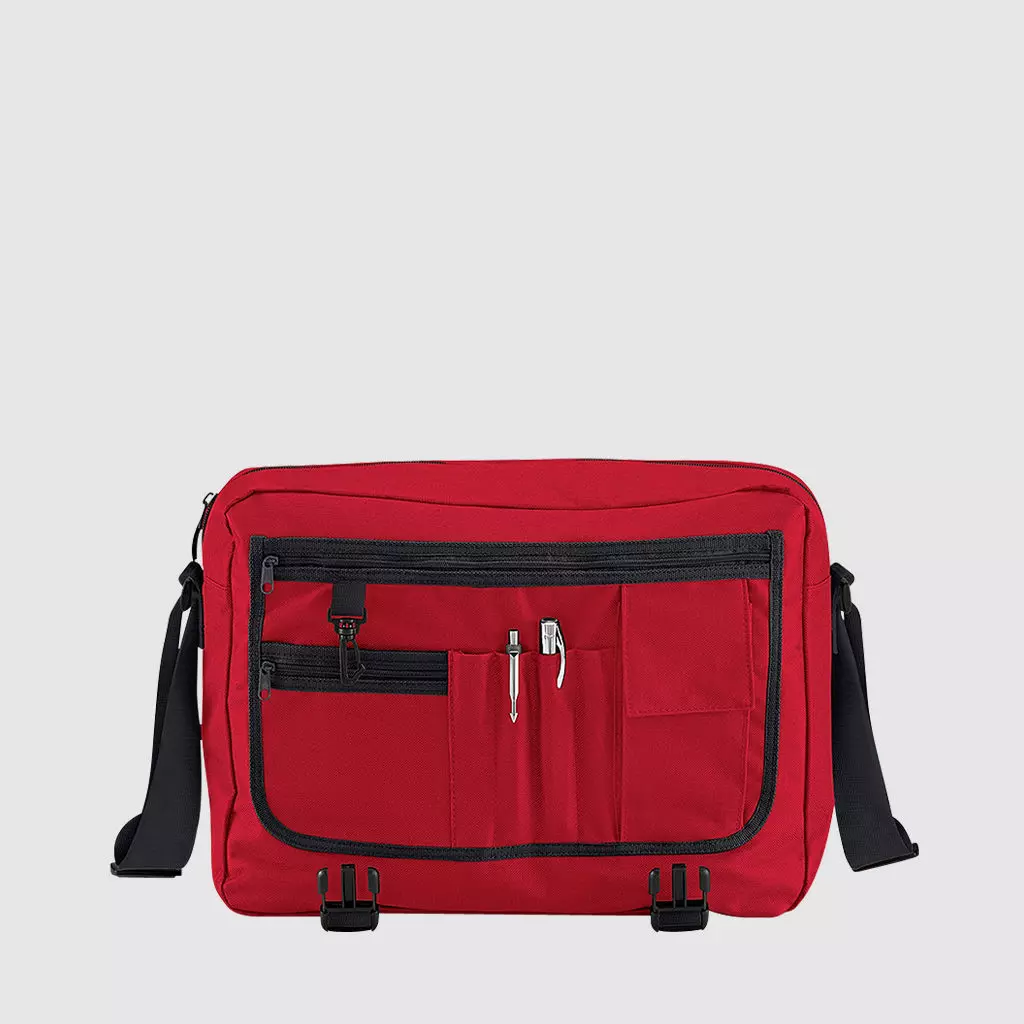 Custom messenger bag with long handles and front zip pockets