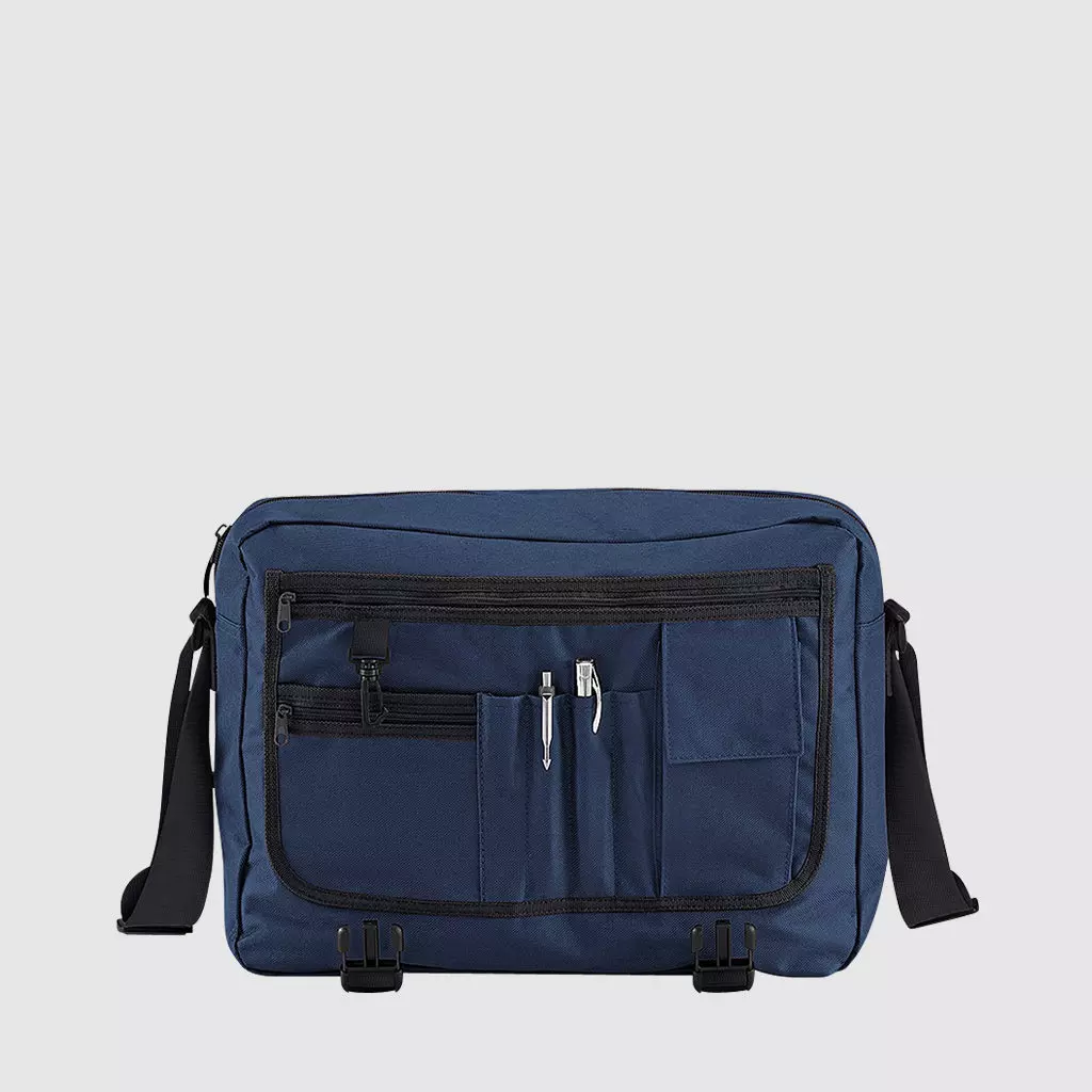 Custom messenger bag with long handles and front zip pockets