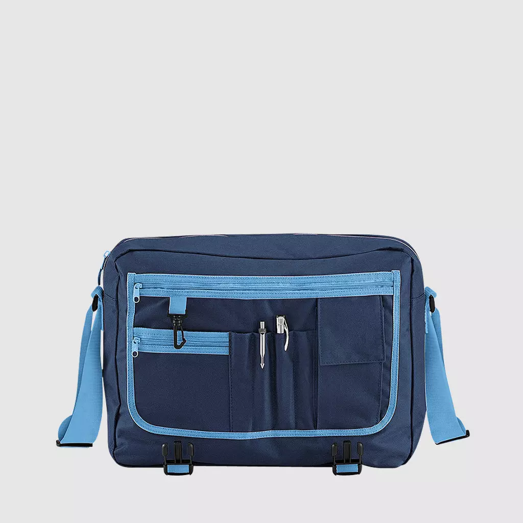 Custom messenger bag with long handles and front zip pockets
