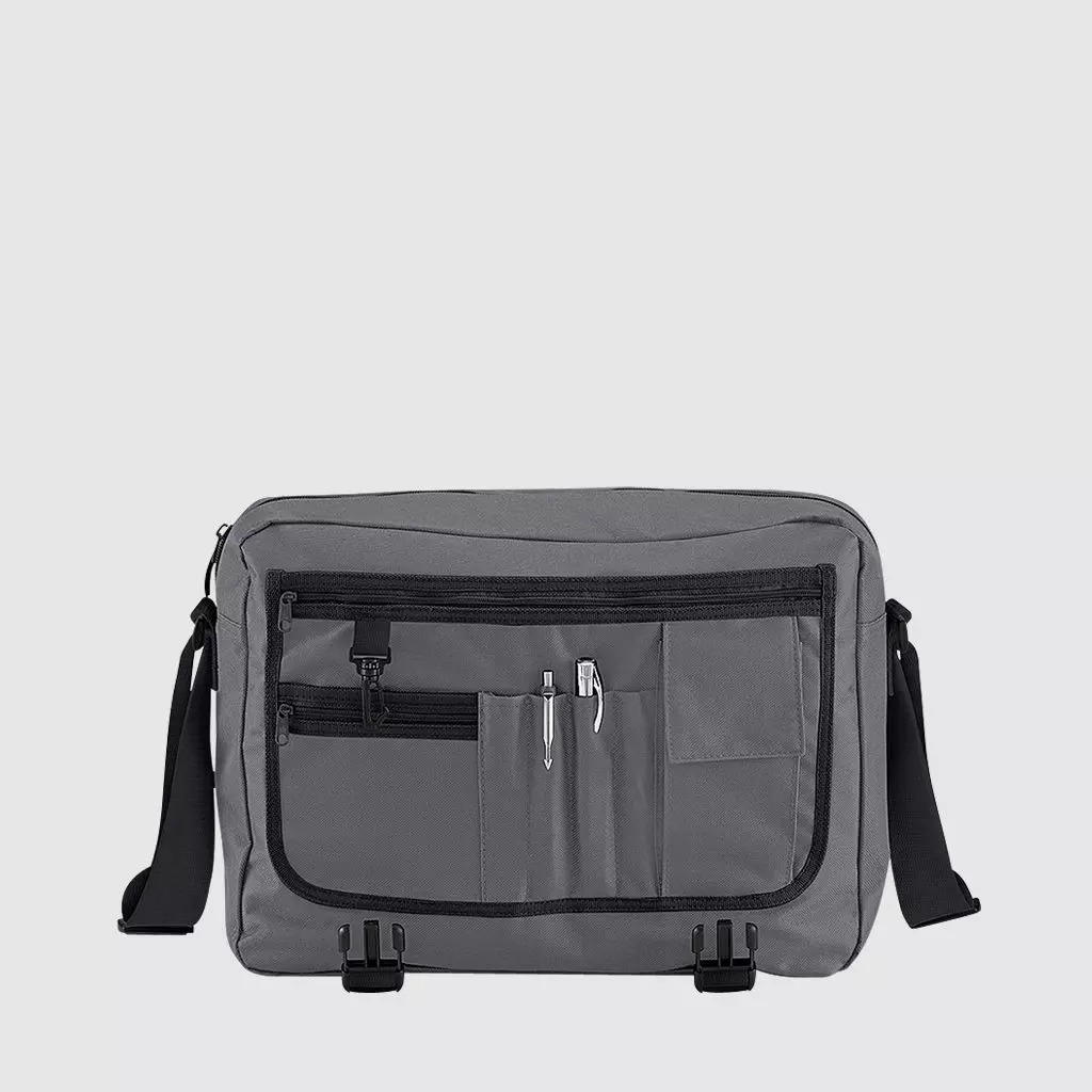 Custom messenger bag with long handles and front zip pockets