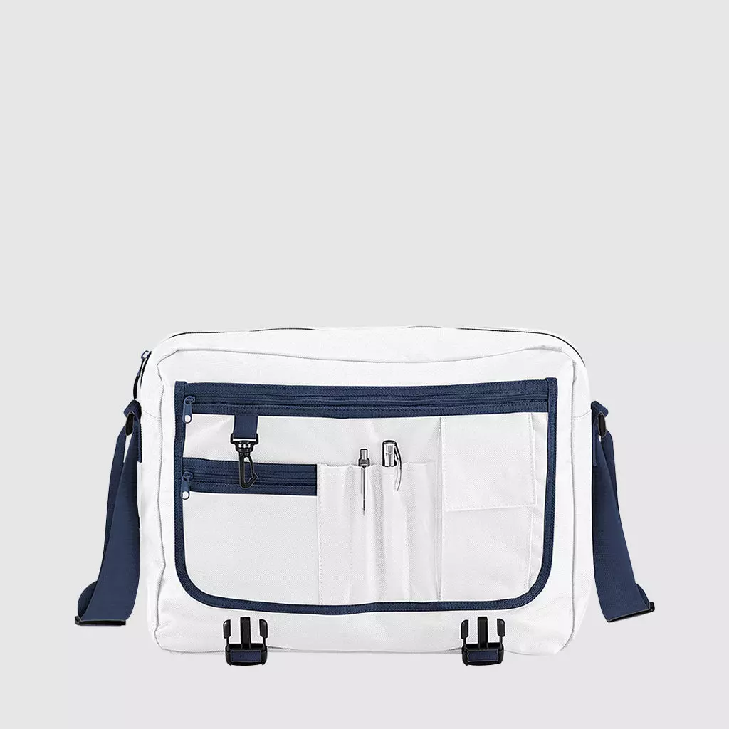 Custom messenger bag with long handles and front zip pockets