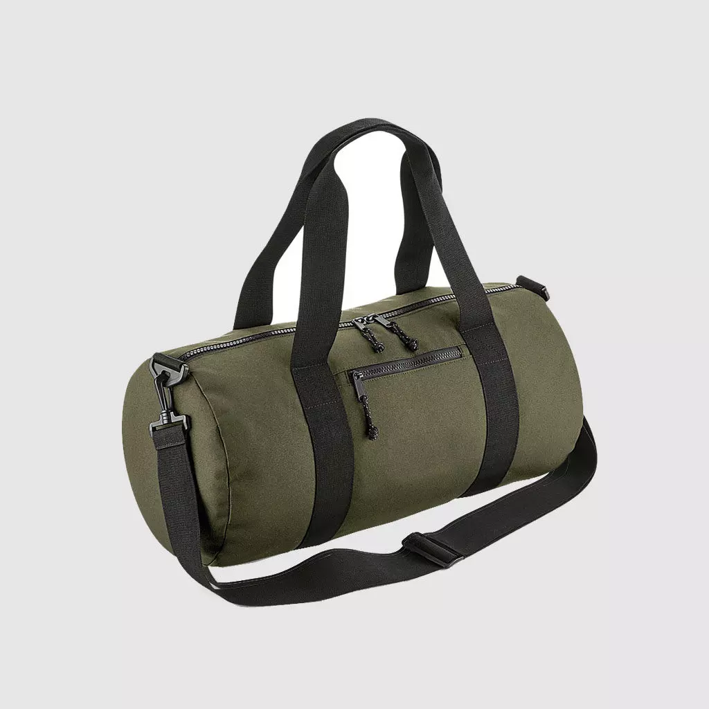 Recycled Barrel Bag in black, with long handles and rpet material
