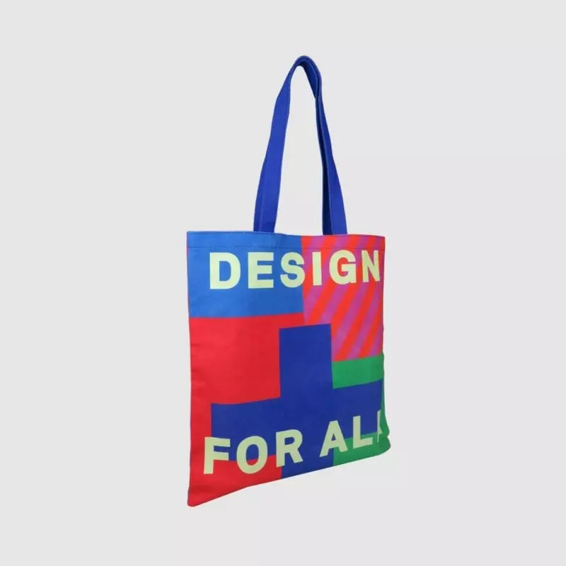 all over print on tote bag bright colours on panels of bag and handles