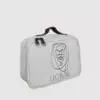 Custom made cosmetic case in natural with leather handle and metal zip
