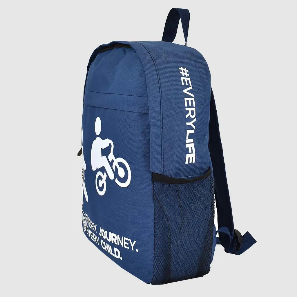 printed backpack side view with white screen print