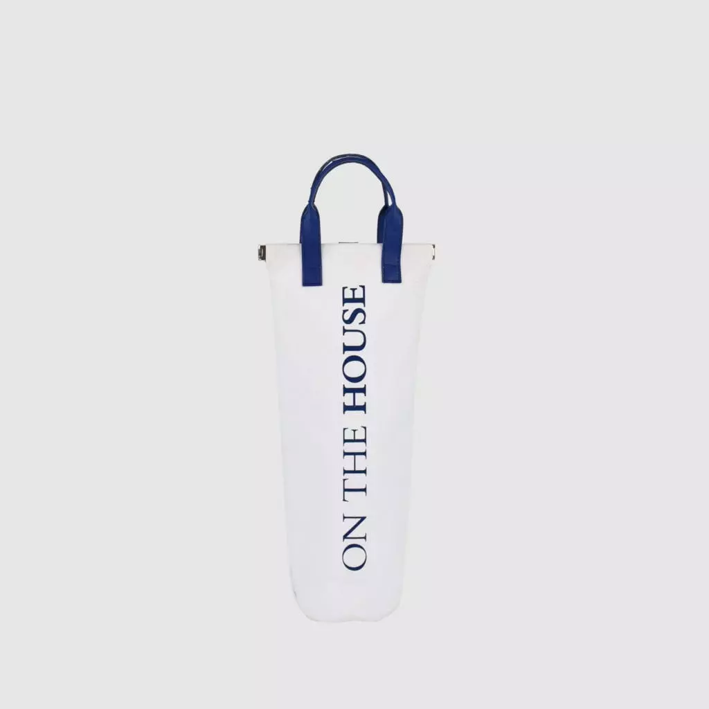 custom bottle bag in white canvas with PU blue handles and logo print