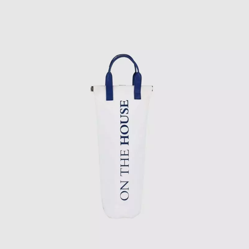 custom bottle bag in white canvas with PU blue handles and logo print