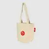 small tote bag in natural fabric with red screen print and label