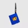 custom cross body bag in royal blue polyester with applique dog on front flap with adjustable black strap