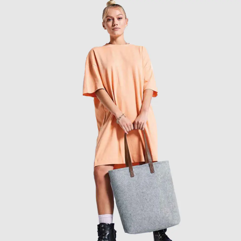 Women Holding Grey Melange Tan Felt Shopper Bag