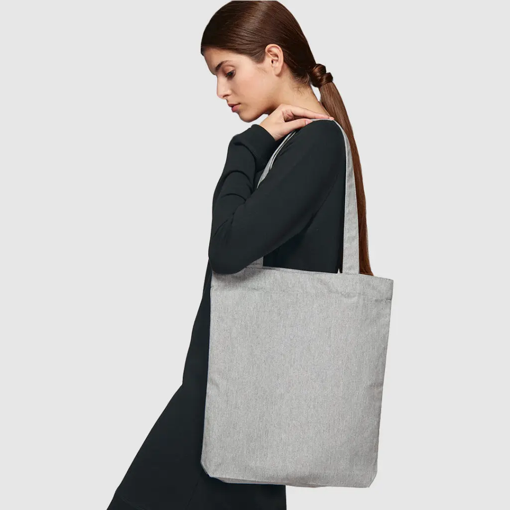 Women Carrying Grey Cotton Tote Bag on Shoulder