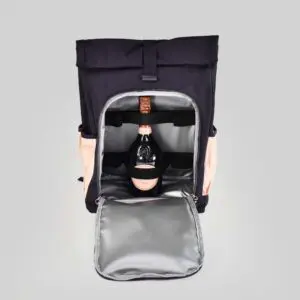 navy blue picnic bag with pink side pocket and pink adjustable buckles with thermal fabrics for bags